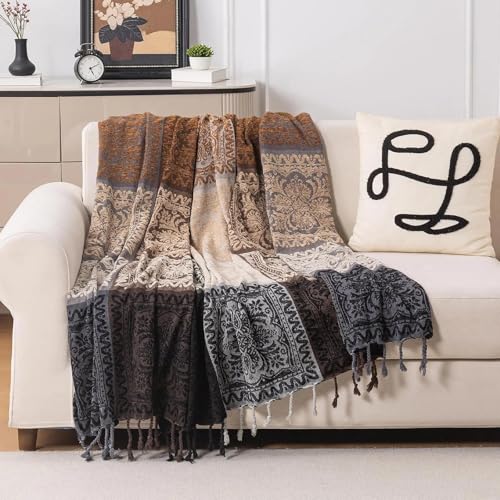 Boho Throw Blanket, Chenille Jacquard Tassels Throw Blankets for Bed