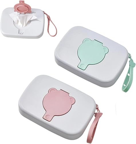 PandaEar 2 Pack Portable Baby Wipes Dispenser | Refillable Wet Wipe Case with Secure Lid and Carrying Strap for Travel, Diaper Bag, Car, and Nursery, Bear, Pink/Green