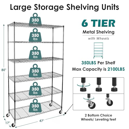 Image of WDT 6 Tier Shelf Shelving Unit with Wheels,Adjustable Metal Shelves for Storage, NSF Black Wire Shelving Rack, 2100Lbs Capacity Heavy Duty Shelving Storage Shelves for Kitchen Garage,47 inch Dx17 Wx80 H