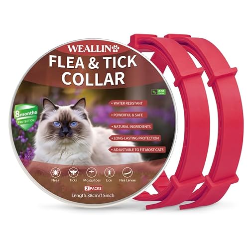 WEALLIN Collar Antipulgas y Garrapatas para Gatos, Collar Antipulgas Gatos, Collar antipulgas para Gatos con 8 Meses de Protección Ajustable e Impermeable, Apto para Todos los Gatos, Rojo(2 PCS)