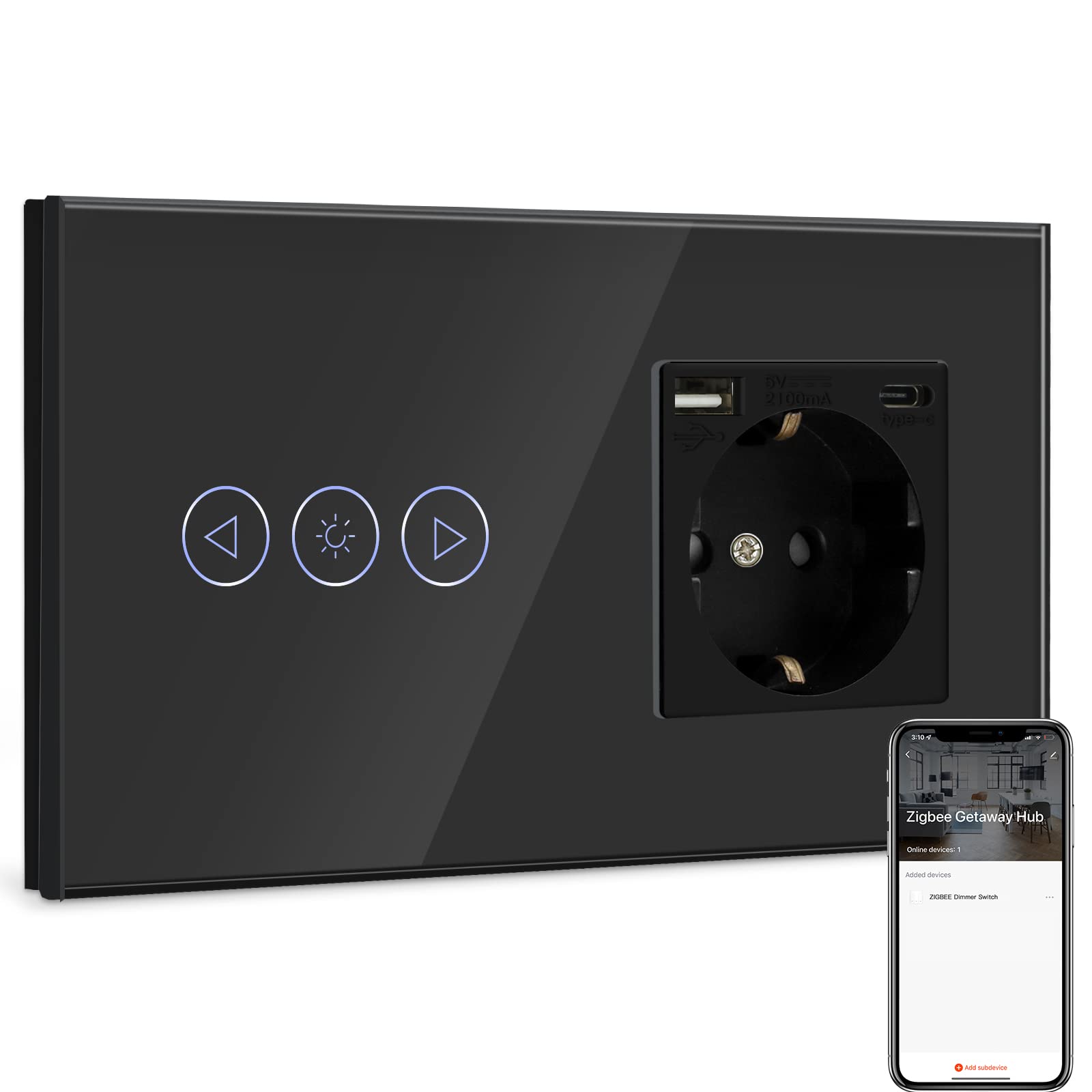 BSEED BSEED Normal Steckdose mit Smart ZigBee Dimmer Lichtschalter Kompatibel mit Alexa,Google Home, 1 Fach 1 Weg Lichtschalter mit USB Steckdose (Max. 2.1A) Typ C Port Schwarz (Tuya Hub benötigt)