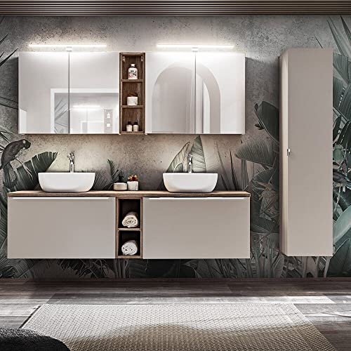 Lomadox Badezimmermöbel Badmöbel Set, Taupe mit Vintage Eiche, 180cm Doppel-Waschtischunterschrank mit 2 Waschbecken, 2 LED-Spiegelschränke, Regale, Hochschrank