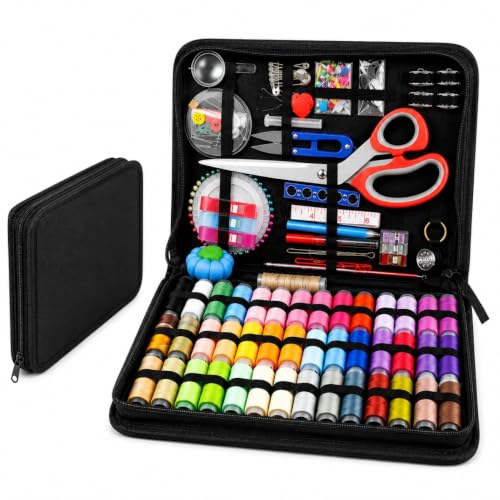 Kit de Costura Completo 192 Peças com Estojo Preto Portátil – Agulhas, Linhas Coloridas, Tesoura e Acessórios de Costura para Reparo de Roupas | Kit Costura Profissional para Casa, Viagem e Emergências