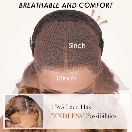 Image of Pizazz Ombre Highlight 13x4 HD Lace Front Wigs Human Hair Pre Plucked | 180 Density Glueless Body Wave Wigs Human Hair Pre Bleached Knots 4 /27 Honey Blonde Lace Frontal Wigs 30 Inch