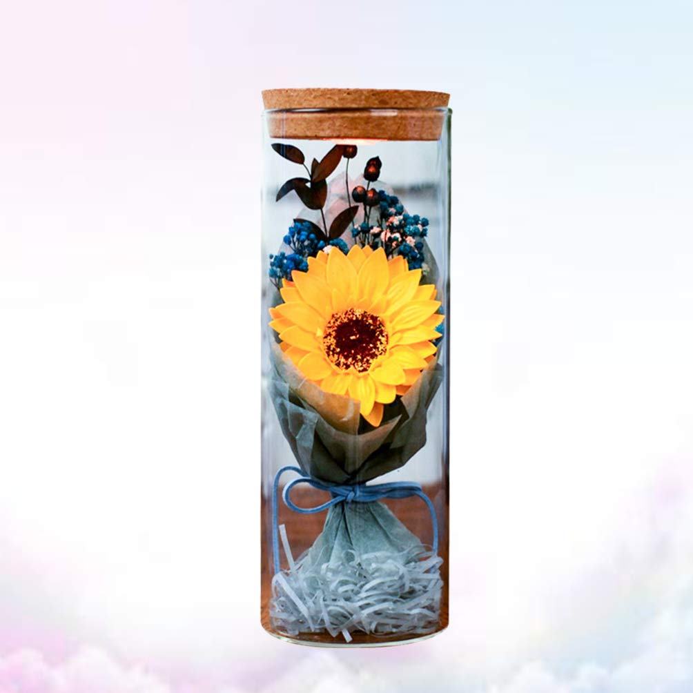 VALICLUD San Conservato Vero Fiore Eterno Giallo Girasole in Bottiglia Luce Notturna Led Luminoso Sapone Ornamento Floreale con per Matrimonio Capodanno Che Desidera Regalo