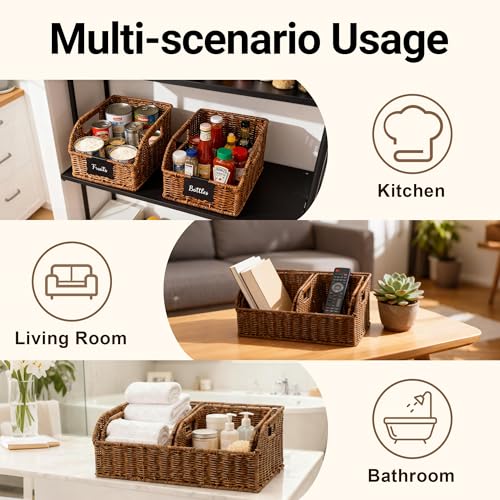Image of Brownlily Wicker Pantry Storage Baskets with Chalkboard,Handwoven Baskets for Organizing with Built-in Handles, All-Purpose Storage Bins for Shelves, Laundry Room, Brown - Double Set Bundle (6-Piece)