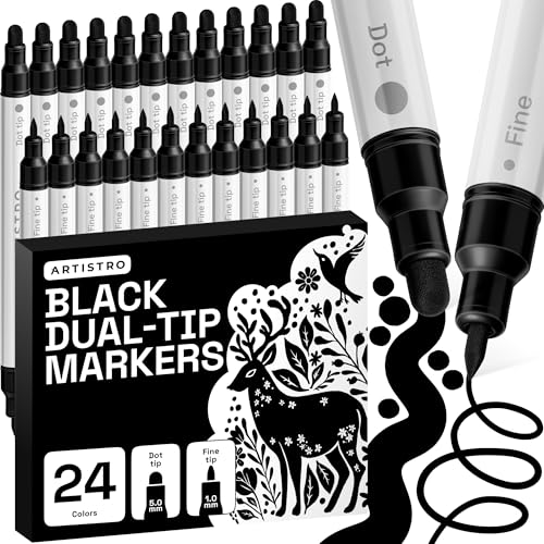 Image of ARTISTRO 24 Black Dual-Tip Acrylic Paint Markers - Paint Pens Set with Dot & Fine Tips for Fabric, Rock, Glass, Wood, Coloring Books - Arts & Crafts Gift - Classroom Must Haves & School Supplies