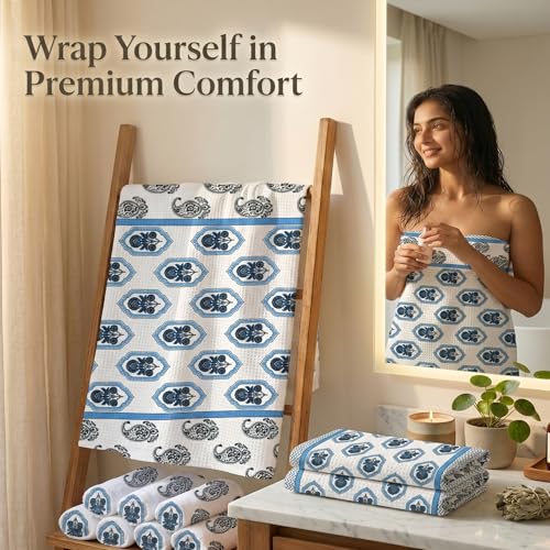 Image of Mafatlal Madhuban Premium Waffle Cotton Set (1 Bath 147x76 cm + 2 Hand 76x38 cm) | 250 GSM | Lightweight, Soft & Hand Printed | Marina