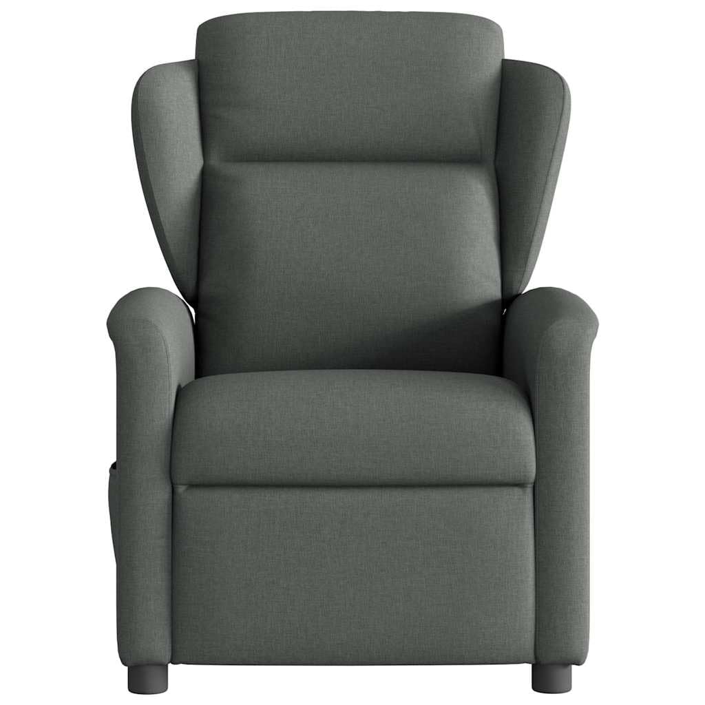 Fotel relaksacyjny, ciemnoszary, materiał z ręczną funkcją leżenia, regulowane oparcie, stabilna rama drewniana, wygodna tapicerka, kieszeń boczna, ergonomiczny kącik do czytania, do biura
