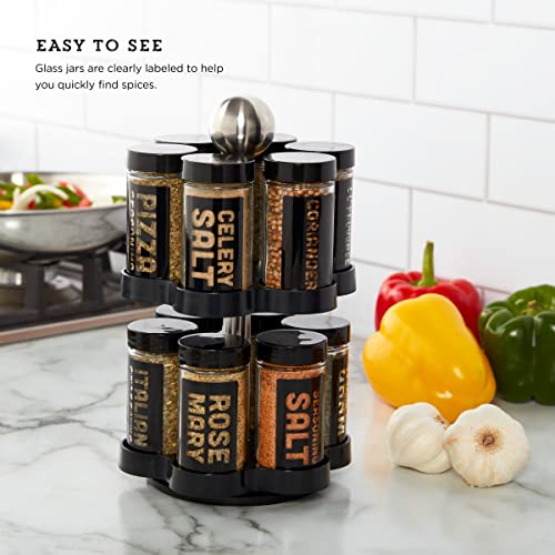 Image of Kamenstein 12 Jar Madison Revolving Countertop Spice Rack with Spices Included, FREE Spice Refills for 5 years, Black Rack with Black Caps
