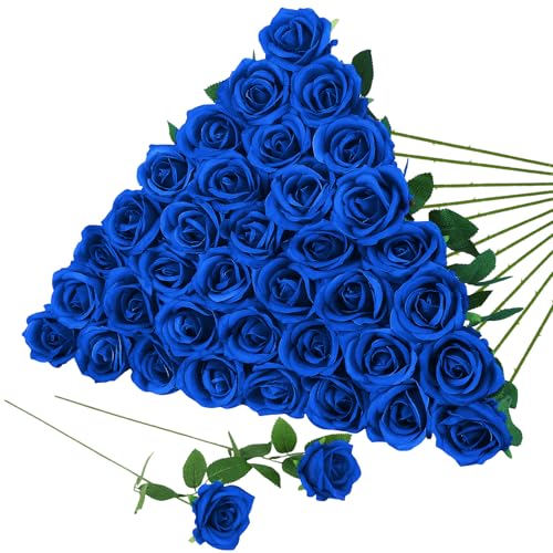Hoemwarm 36 Pcs Royal Blue Artificial Roses with Long Stems