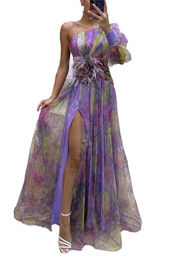 MANYMANY Donne Impero Vita Fiore Fessura Tulle Abiti da Ballo 2024 Una Spalla Manica Lunga Stampa Floreale Abiti da Festa di Sera per Donna