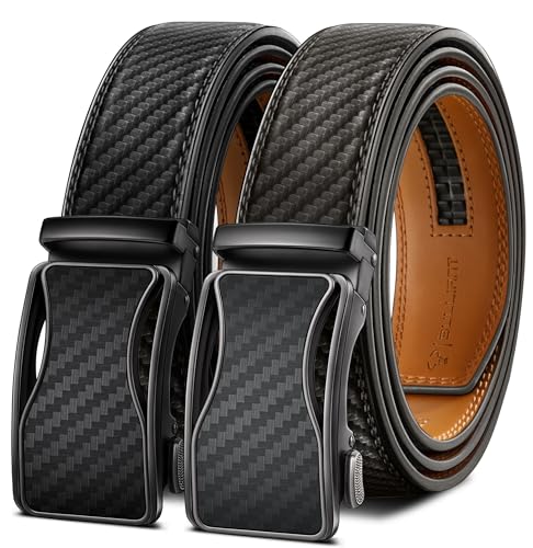 Image of BULLIANT Men's 2-Pack Ratchet Leather Belt Trimmable 1 3 /8 inch-Gift Boxed