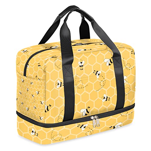 Honeycomb Bee Sports Gym Bag with Shoes Compartment,Honeybee Animal Travel Duffel Bag for Men Women Boys Girls Teens Overnight Weekend Yoga Workout Bag Training Handbag
