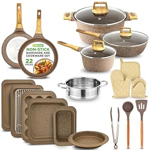 Nutrichef 22-Piece Maroon Marble Non-Stick Cookware and Bakeware Set – Professional Home Kitchen Collection with Multi-Sized Pots, Pans, and Heat-Resistant Tools