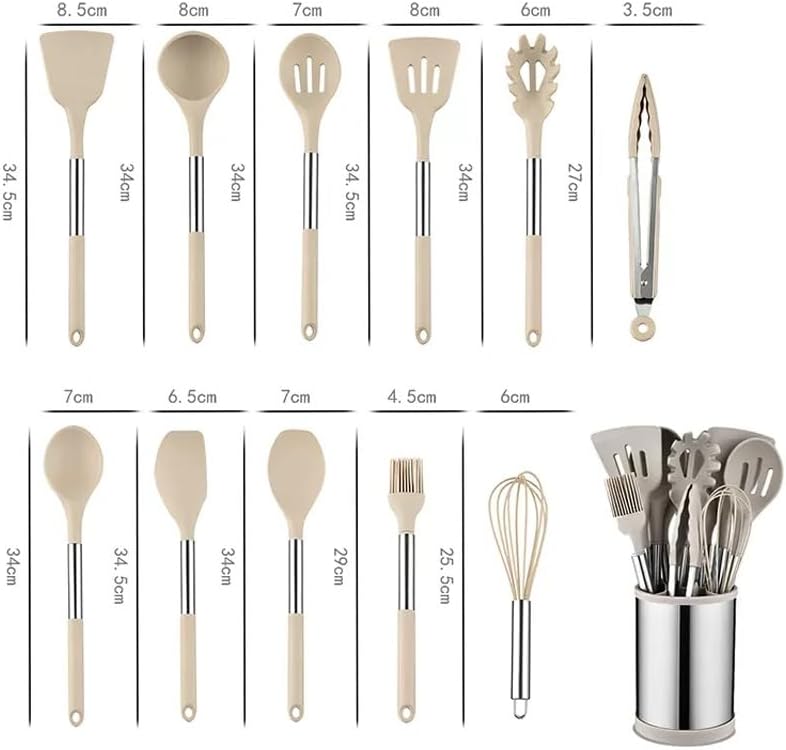 11 PCS Kitchen Cooking Utensils Set, Silicone Kitchen Utensil Set for Nonstick Cookware, Non-Stick Silicone Cooking Kitchen Utensils with Holder(Khaki)