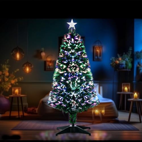 FB FunkyBuys Fibre Optic Green Artificial Christmas Multicolor LEDs Green Xmas Tree with Stand Base Festival Seasonal Holiday Home Decorations, PVC Material (3 FT)