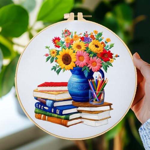 Image of BEUNITONE 4 Set Book Flower Embroidery Kit for Adult Beginners 7.9x7.9 DIY Cross Stitch Kits Needlepoint Starter Kit with Pre-Printed Design and Hoops, Stamped Embroidery Kit for Home Ofiice Decor