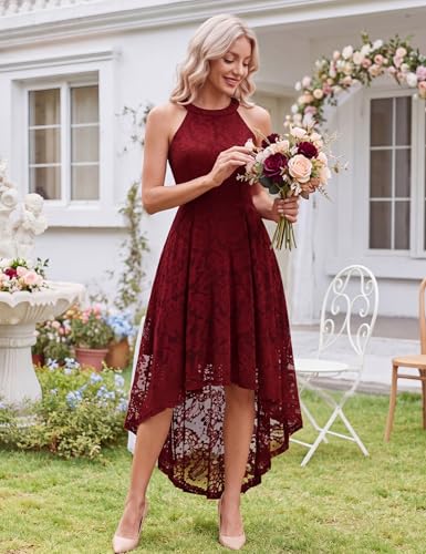 Image of Dressystar Women Halter Lace Wedding Guest Dress Hi-Lo Cocktail Party Bridesmaid Formal Dresses