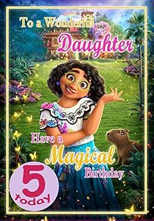 Daughter Age 5 Birthday Card  Disney Encanto Princess  Optional Personalised Extra Large 77MM Badge - Full Colour Inside!