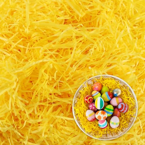 Herbe de Pâques, Hillylolly 200g Papier Déchiqueté Jaune, Papier Remplissage Cadeau, Remplissage de Boite Cadeau, Raffia Remplissage pour Décorer des Cadeaux Boite Panier de Pâques