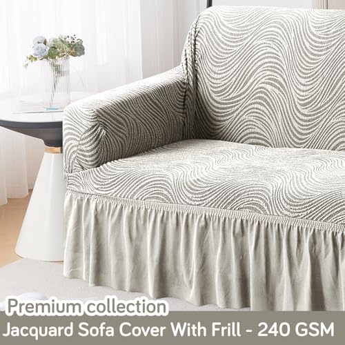 Image of HOKIPO 240 GSM Premium Jacquard Sofa Cover 2 Seater Fully Covered, 'Serene Wave Series' Vanilla Beige (AR-6353-CRM)