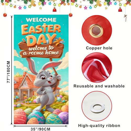 Image of Welcome Easter Door Cover Cute Bunny Banner Cartoon Eggs Spring Front Door Decorations Home Party Outdoor Decor 35.4x71 Inch