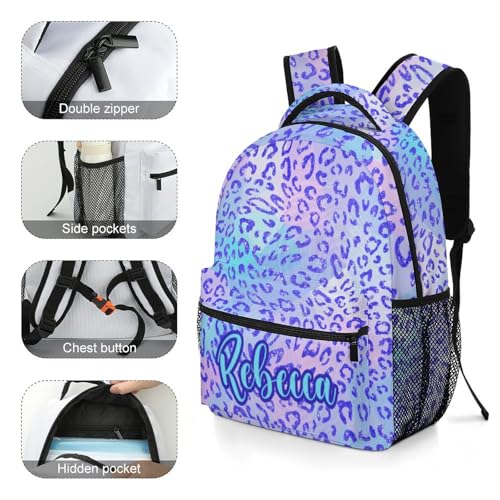 Personalized Blue Purple Bling Leopard Print School Backpack for Students Children Custom Themed Schoolbag for Girl Boy Casual Bookbag 16 In3