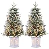 3 Ft Pre-Lit Christmas Tree, 2 Set Artificial Christmas Trees with Lighting Snowflake Base, Snow Flocked Xmas Trees with 70 LED Lights, Battery Operated and Timer Function, Christmas Decoration