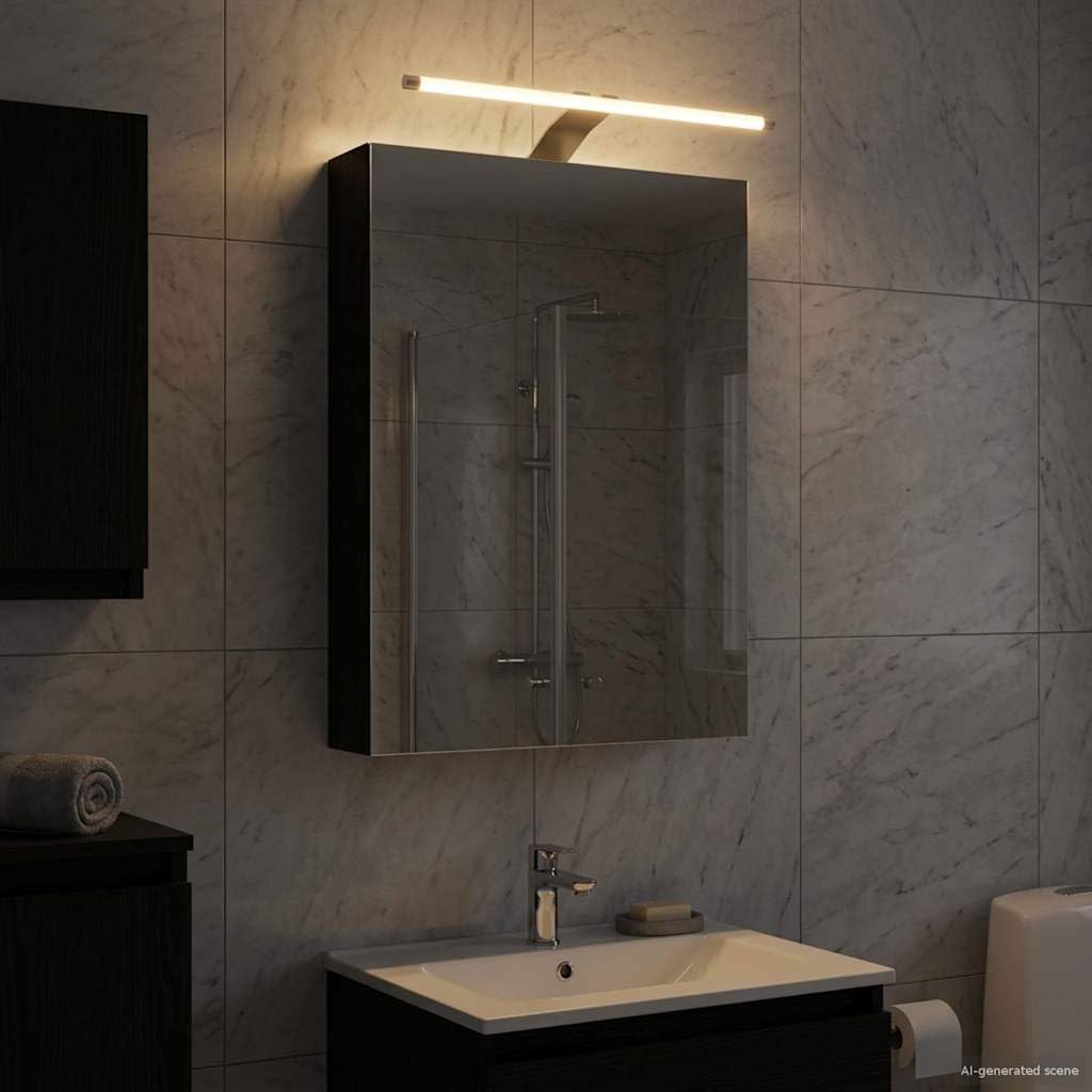 Mangloder Armadietto da bagno a specchio con mensola e anta, effetto rovere nero, 40 x 10,5 x 60,5 cm, con striscia LED, porta USB, montaggio a parete