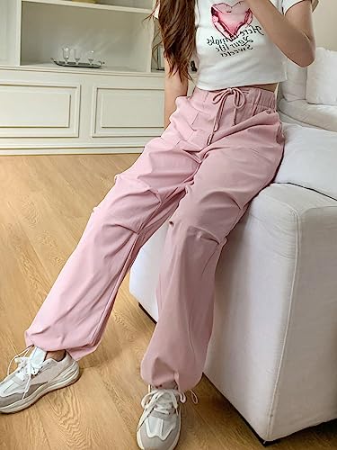 Floerns Women's Casual Drawstring High Waist Straight Leg Slant Pocket Parachute Baggy Cargo Pants3