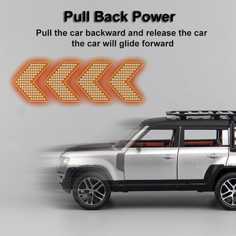 Image of Kids Model 1:24 Land Rover Defender Die Cast Metal Car Pull Back Action Opening Doors with Realistic Engine Sound Lights Toy Car Gift for Boys - Silver