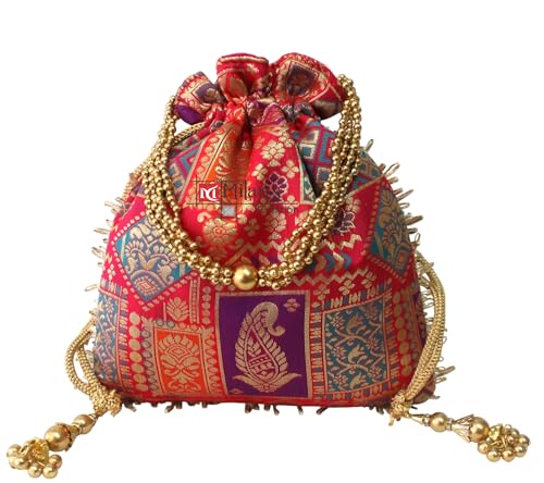 Image of MILAN'S CREATION Potli Banarasi Silk Brocade Bag Purse Drawstring Women's handbag with Pearl Handle & Tassel Weddings