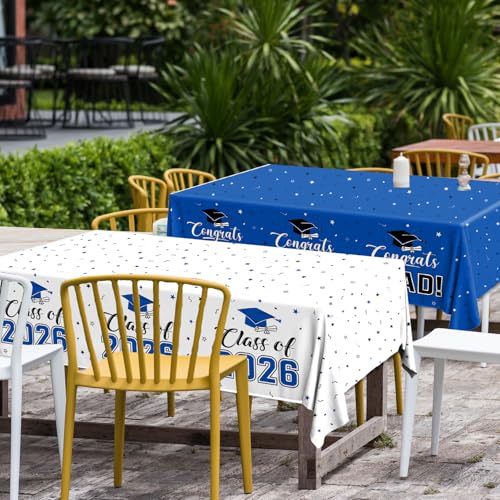 Image of 2026 Graduation Decorations,Congrats Grad Tablecloth 2pcs White Navy Blue Class of 2026 Table Covers Rectangle for Graduation Party Supplies,108x54inch(Blue)