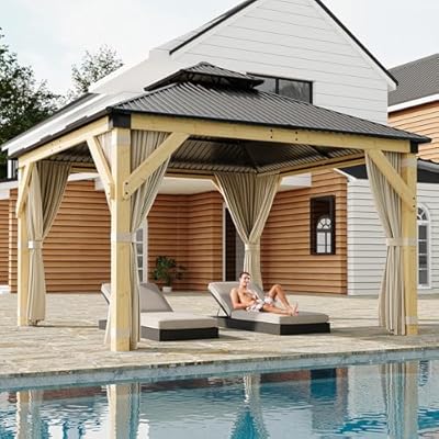 Garvee 12x12 ft Hardtop Gazebo with Nettings and Curtains, Wood Grain Heavy Duty Double Roof Galvanized Steel Outdoor Combined of Vertical Stripes Roof for Patio, Backyard, Deck, Lawns, Khaki