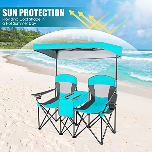 Gymax Folding Canopy Camp Chair, Sports Chair With Adjustable Uv Protection Shade, Cup Holder & Carry Bag, Portable Beach Camping Chair For Picnic, Fishing, Hiking (Navy, 2-Person) #TOP2