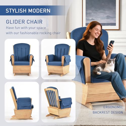Image of Glider Rocking Chair with Storage Pocket, Silent and Smooth Rocking Motion, Padded Seat Cushion, Ideal for Living Rooms, Nurseries, Reading or Relaxing Blue
