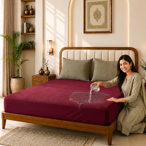 Image of Glassiano Cotton Feel Terry Ultra Soft Waterproof Mattress Protector | Breathable - Hypoallergenic Mattresses Cover with Elastic Strap for Single Bed (84x48 inch|7x4 feet, Maroon - Pack of 1)
