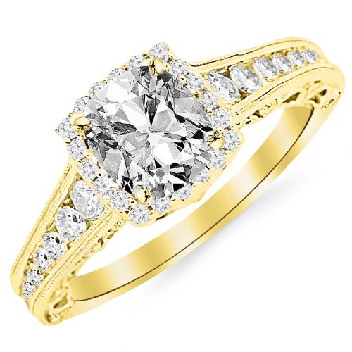 GIA Certified 1.45 Carat Cushion-Cut 14K Yellow Gold Vintage Sidestone