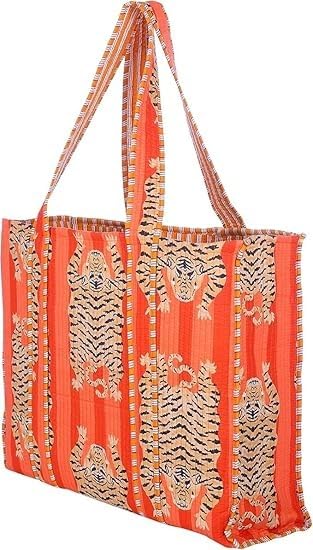 Image of YILLE Cotton Quilted Floral & Tiger Print Tote Bag, 18 x 18 inches For Grocery Shopping, Travel