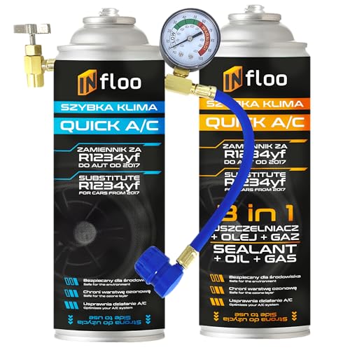 INfloo Quick A/C R1234yf Gas + 3-in-1 Dichtmittel + Schlauch mit Manometer fĂĽr Fahrzeuge ab 2017 | Klimaanlagen-Set zum BefĂĽllen & Abdichten + Handschuhe