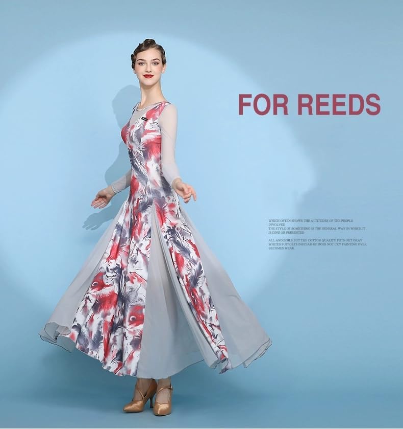 HEARTTOUCH Ballroom Dance Dress Women Modern Waltz Tango Dress Long Sleeve National Standard Dance Costume for Competition