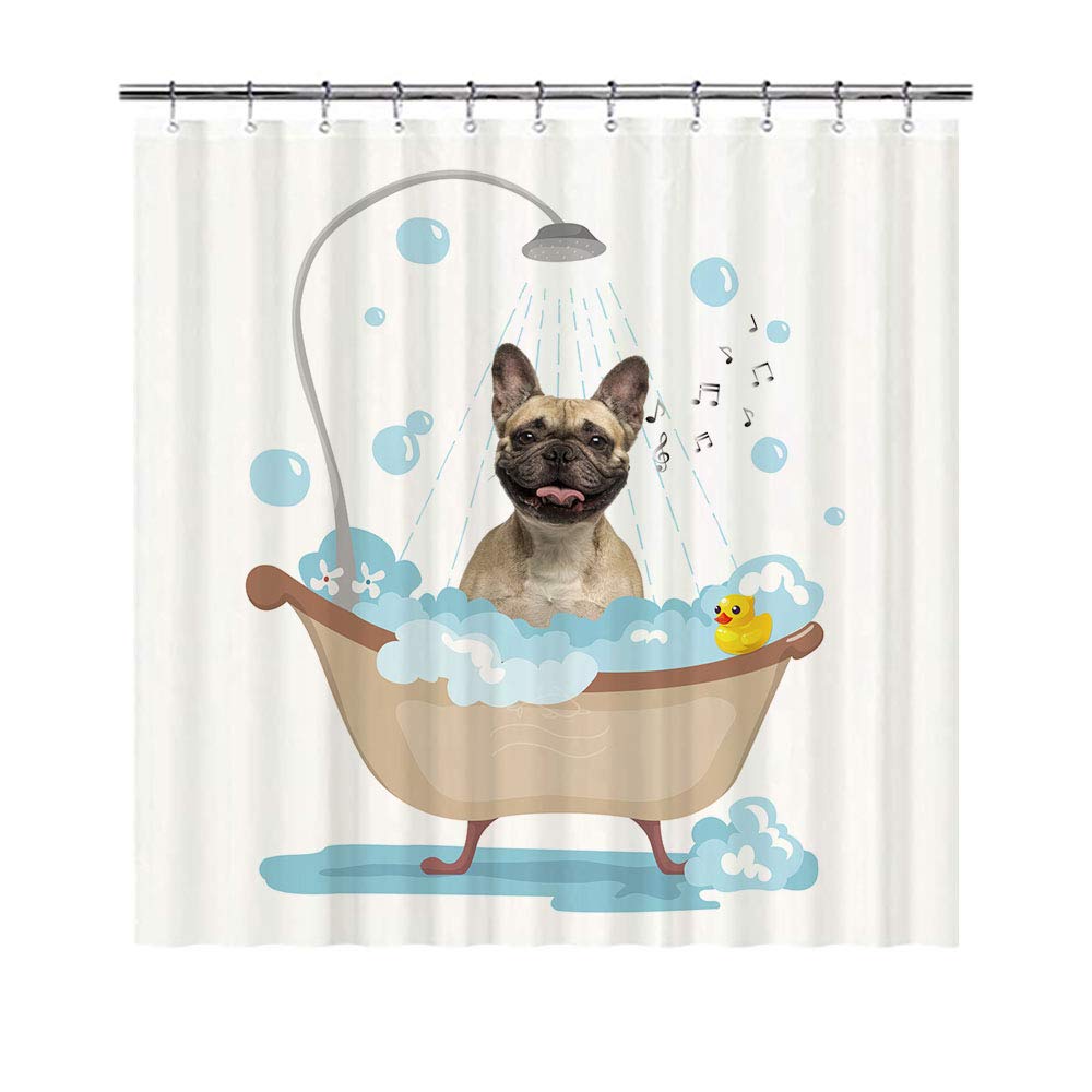 BAGEYOU Funny Dog French Bulldog in Bath Shower Curtains Cute Puppy Taking A Shower Waterproof Polyester Fabric Bathroom Curtain 72 x 80 Inch, with 12 Hooks
