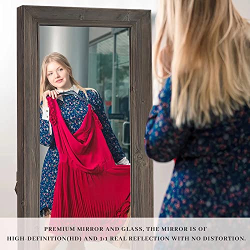 Image of NeuType 65 inchx22 inch Full Length Mirror Floor Mirror with Standing Holder Solid Wood Frame Large Bedroom Mirror Wall Mounted Mirror Hanging or Leaning Against Wall, Charcoal Brown