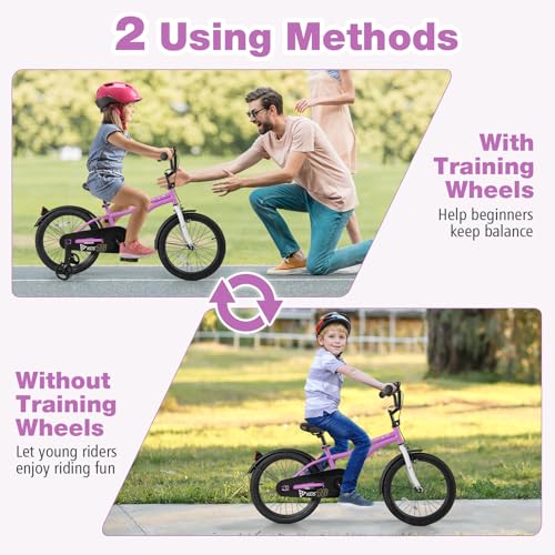 Image of BABY JOY Kids Bike, 12 14 16 18 Inches Sporty Bicycle with Training Wheels, Adjustable Seat, Handbrake & Coaster Brake, Reflectors, Girls Boys Bike for 3-8 Years Old Children