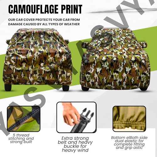Image of VYAS 100% Waterproof Car Body Cover for Tata Manza (2009-2015) with Mirror Pocket Triple Stitched Belt & Buckle Fitting Dual Elastic, Durable Material Jungle Print Camouflage Design