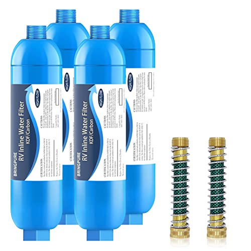 Bringpure RV Inline Water Filter with Flexible Hose Protector, NSF Certiified, Reduces Chlorine, Odor, Lead, Fluoride and Bad Taste, Compatible with 40013, 40041, 40043, Packs of 4