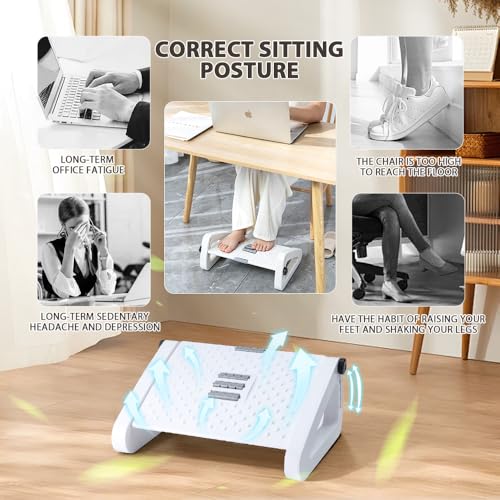 Image of CasaZenith Foot Rest, Six Heights Adjustable Foot Rest for Under Desk at Work, Ergonomic Foots Stool for Under Office Desks, Under Desk Footrest with Foot Massage Roller, Chair Footrest - White