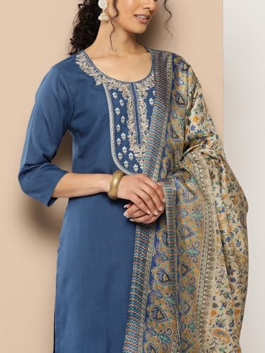 Image of Varanga Women Straight fit Embroiderd Yoke Blue Kurta with Side Slit Styled with a Matching Bottom and Printed Bhagalpuri Dupatta Perfect for Casual wear.