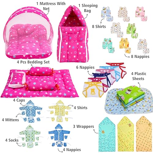 Image of Infantbond 56 in 1 New Born Baby Complete Daily Items Combo(0-6 Months)(Star) (Pink for Baby Girl), Pack of 1